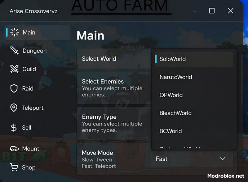 Menu MOD Arise Crossover