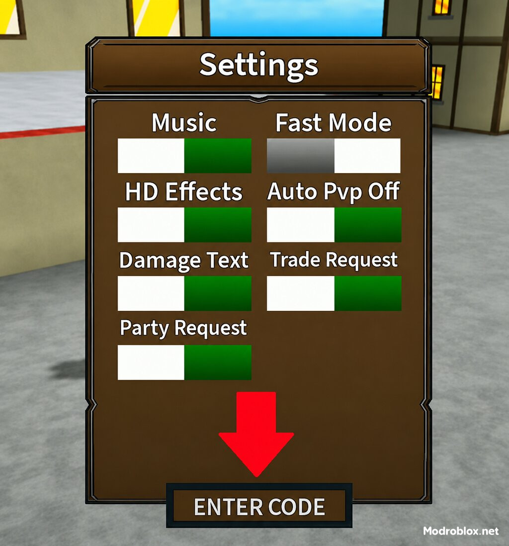 nhập mã Code mà Modroblox shia sẻ vào khung Enter Code