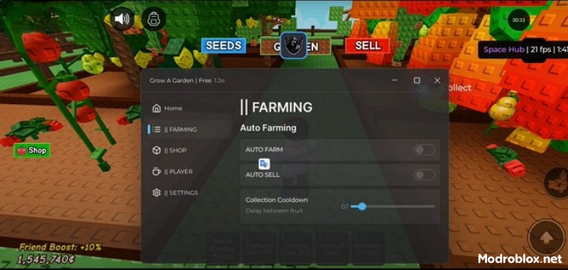 Menu MOD Grow A Garden mở lên