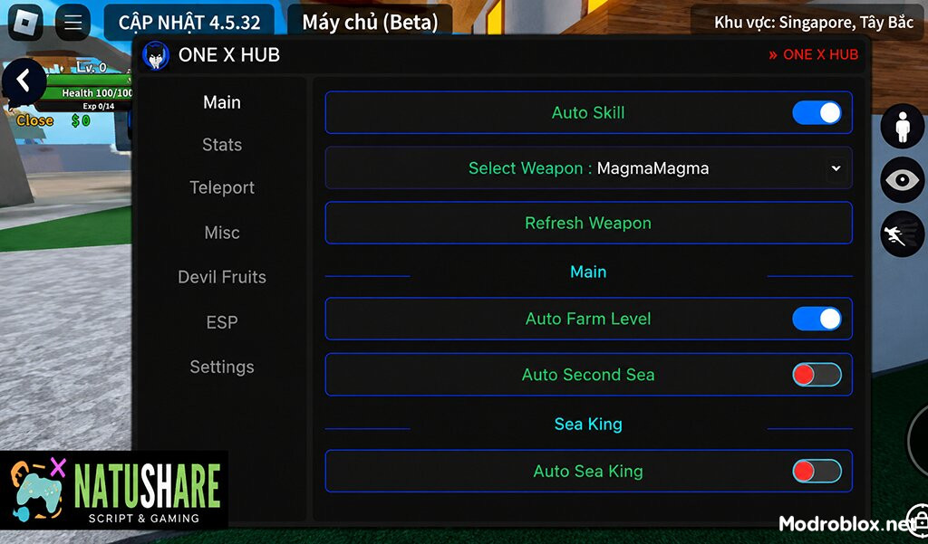 Menu Script King Legacy được mở ra